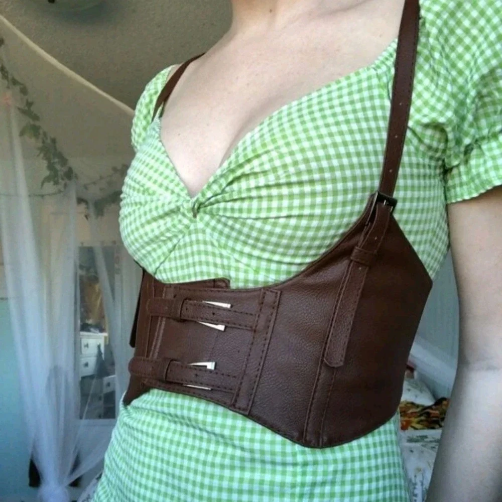 Western Corset brown faux leather body harness buckle suspenders steampunk belt